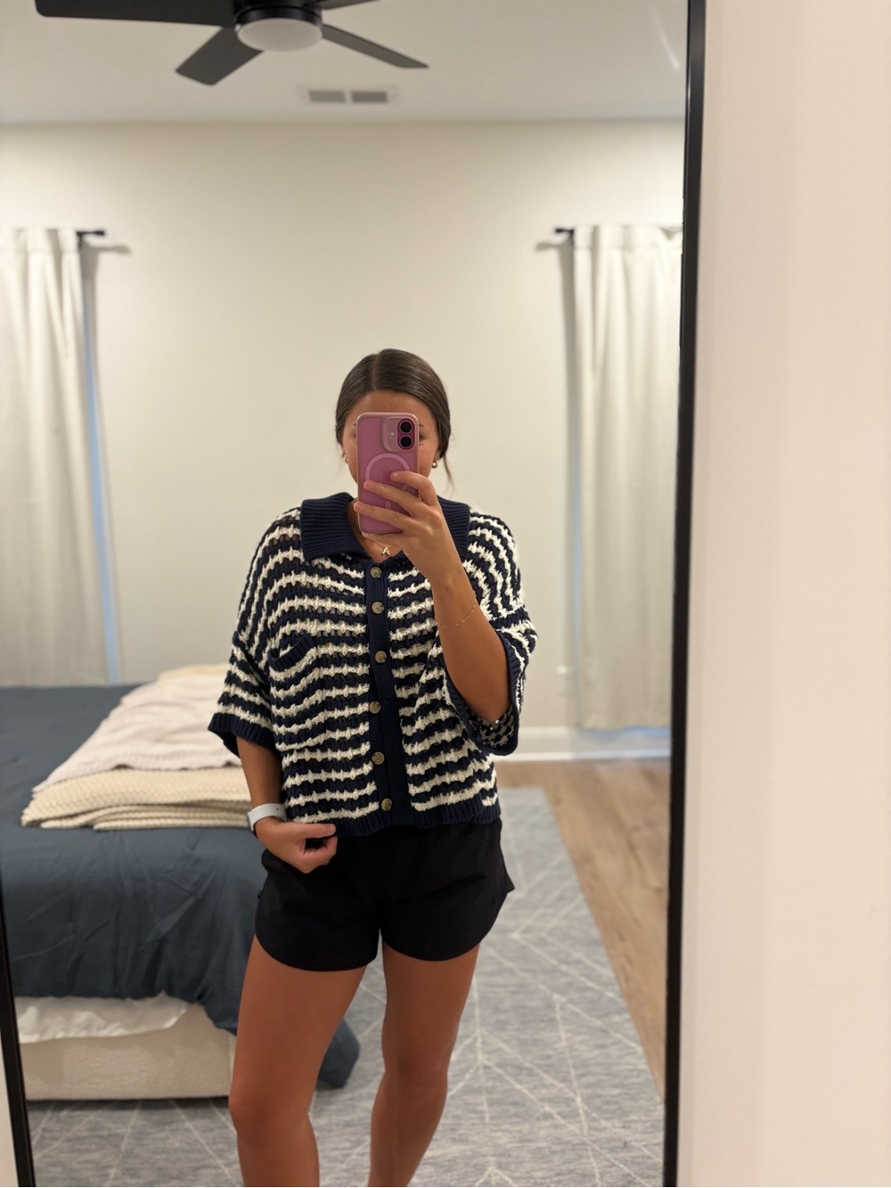 Lucky Brand Striped Crochet Polo Sweater Blue & White Size Large